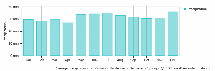 Average monthly rainfall, snow, precipitation in Brodenbach, Germany