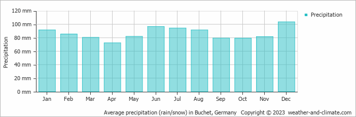 Average monthly rainfall, snow, precipitation in Buchet, 