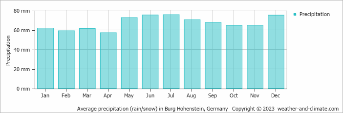 Average monthly rainfall, snow, precipitation in Burg Hohenstein, 