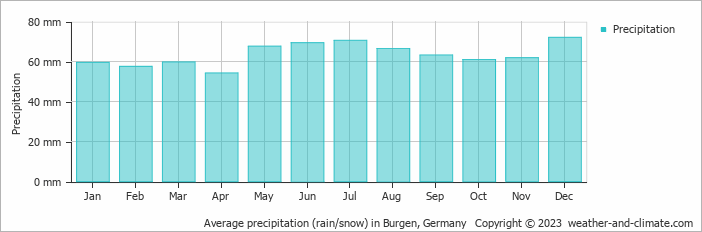 Average monthly rainfall, snow, precipitation in Burgen, Germany