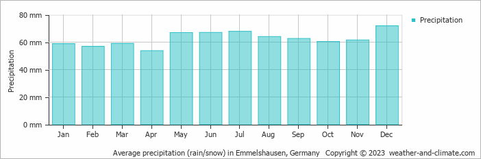 Average monthly rainfall, snow, precipitation in Emmelshausen, 