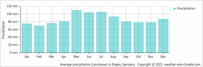 Average monthly rainfall, snow, precipitation in Engen, 