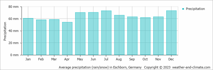 Average monthly rainfall, snow, precipitation in Eschborn, 