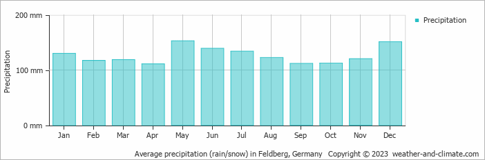 Average monthly rainfall, snow, precipitation in Feldberg, Germany