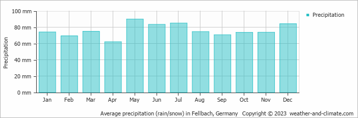 Average monthly rainfall, snow, precipitation in Fellbach, 