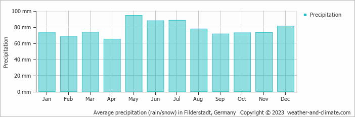 Average monthly rainfall, snow, precipitation in Filderstadt, Germany