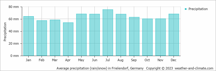 Average monthly rainfall, snow, precipitation in Frielendorf, Germany