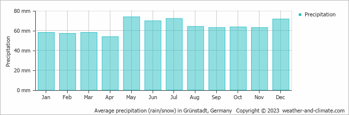 Average monthly rainfall, snow, precipitation in Grünstadt, 