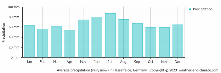 Average monthly rainfall, snow, precipitation in Hasselfelde, 