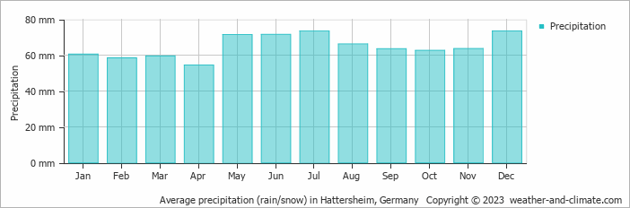 Average monthly rainfall, snow, precipitation in Hattersheim, 