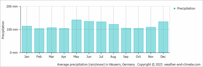 Average monthly rainfall, snow, precipitation in Häusern, Germany
