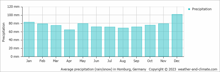 Average monthly rainfall, snow, precipitation in Homburg, Germany