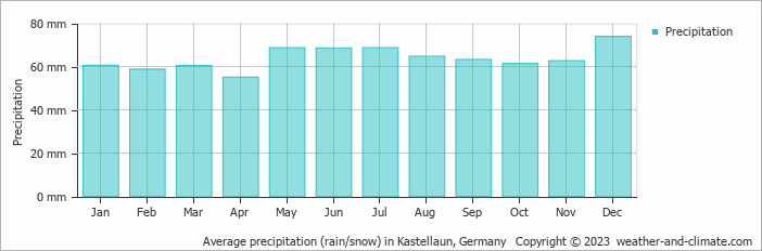 Average monthly rainfall, snow, precipitation in Kastellaun, 