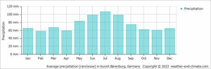 Average monthly rainfall, snow, precipitation in Kurort Bärenburg, 