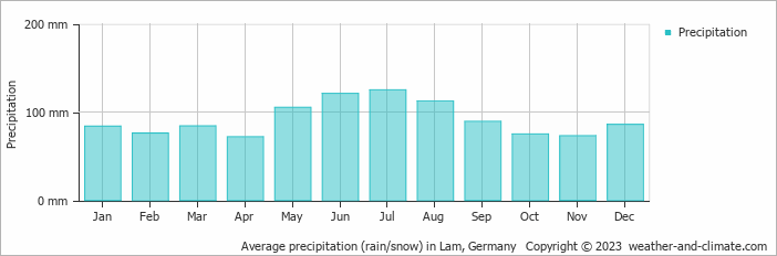 Average monthly rainfall, snow, precipitation in Lam, Germany
