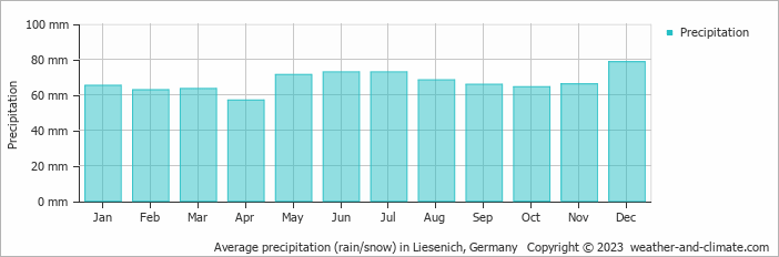 Average monthly rainfall, snow, precipitation in Liesenich, 