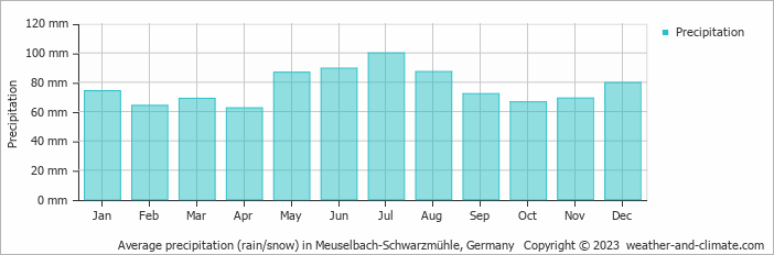 Average monthly rainfall, snow, precipitation in Meuselbach-Schwarzmühle, Germany