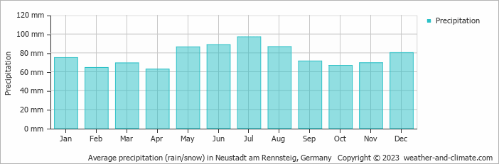 Average monthly rainfall, snow, precipitation in Neustadt am Rennsteig, 