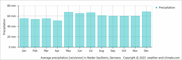 Average monthly rainfall, snow, precipitation in Nieder-Saulheim, 
