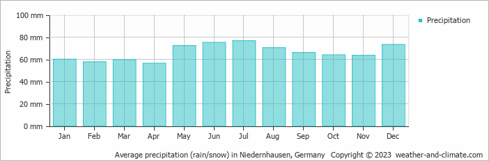 Average monthly rainfall, snow, precipitation in Niedernhausen, 