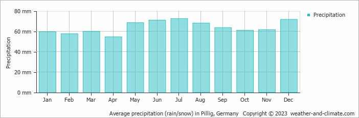 Average monthly rainfall, snow, precipitation in Pillig, Germany