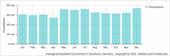 Average monthly rainfall, snow, precipitation in Raunheim, Germany