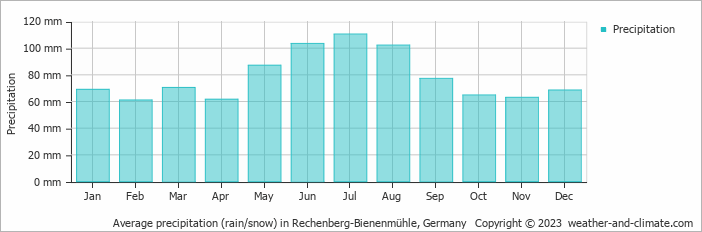 Average monthly rainfall, snow, precipitation in Rechenberg-Bienenmühle, Germany