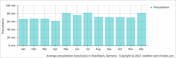 Average monthly rainfall, snow, precipitation in Roschbach, Germany