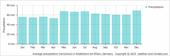 Average monthly rainfall, snow, precipitation in Rüdesheim am Rhein, Germany