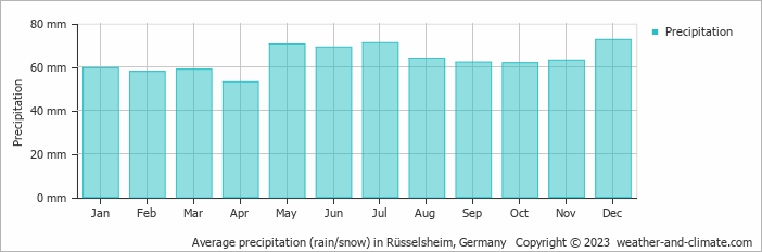 Average monthly rainfall, snow, precipitation in Rüsselsheim, Germany