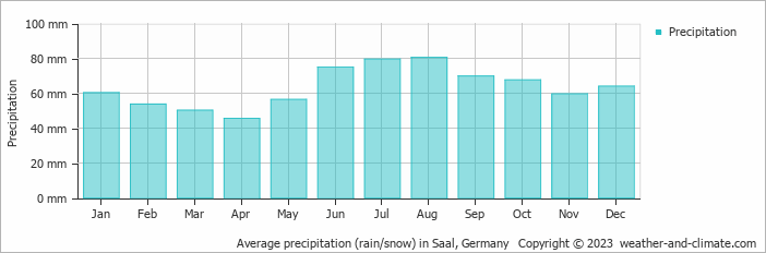 Average monthly rainfall, snow, precipitation in Saal, Germany