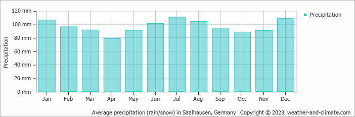 Average monthly rainfall, snow, precipitation in Saalhausen, Germany