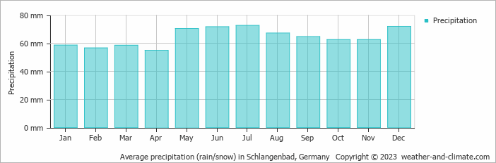 Average monthly rainfall, snow, precipitation in Schlangenbad, Germany