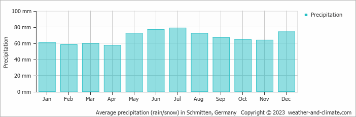 Average monthly rainfall, snow, precipitation in Schmitten, 