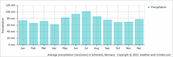 Average monthly rainfall, snow, precipitation in Schöneck, Germany