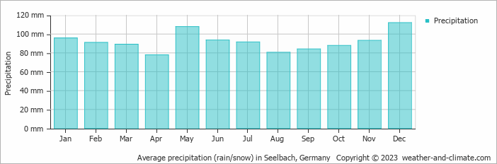 Average monthly rainfall, snow, precipitation in Seelbach, Germany