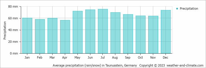 Average monthly rainfall, snow, precipitation in Taunusstein, Germany