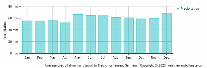 Average monthly rainfall, snow, precipitation in Trechtingshausen, Germany