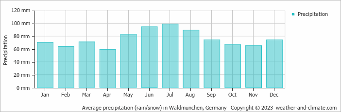 Average monthly rainfall, snow, precipitation in Waldmünchen, 