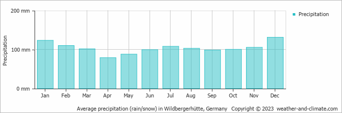 Average monthly rainfall, snow, precipitation in Wildbergerhütte, Germany