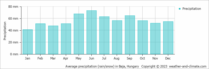 Average monthly rainfall, snow, precipitation in Baja, Hungary