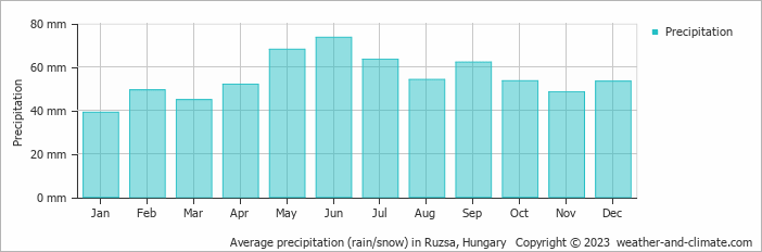 Average monthly rainfall, snow, precipitation in Ruzsa, Hungary