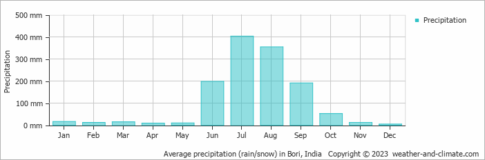 Average monthly rainfall, snow, precipitation in Bori, India