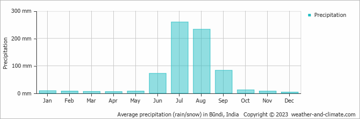 Average monthly rainfall, snow, precipitation in Būndi, India