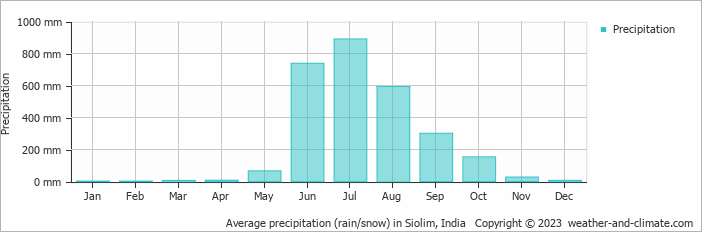 Average monthly rainfall, snow, precipitation in Siolim, 