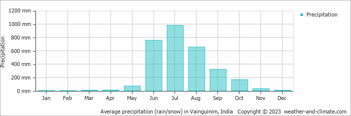 Average monthly rainfall, snow, precipitation in Vainguinim, India