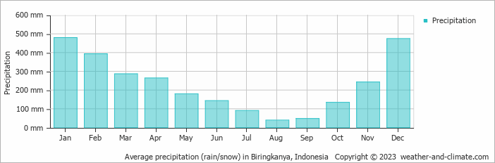 Average monthly rainfall, snow, precipitation in Biringkanya, Indonesia