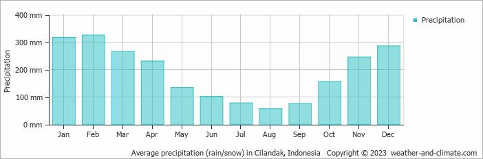Average monthly rainfall, snow, precipitation in Cilandak, 
