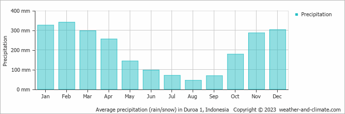 Average monthly rainfall, snow, precipitation in Duroa 1, Indonesia