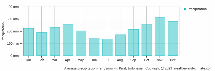 Average monthly rainfall, snow, precipitation in Parit, Indonesia